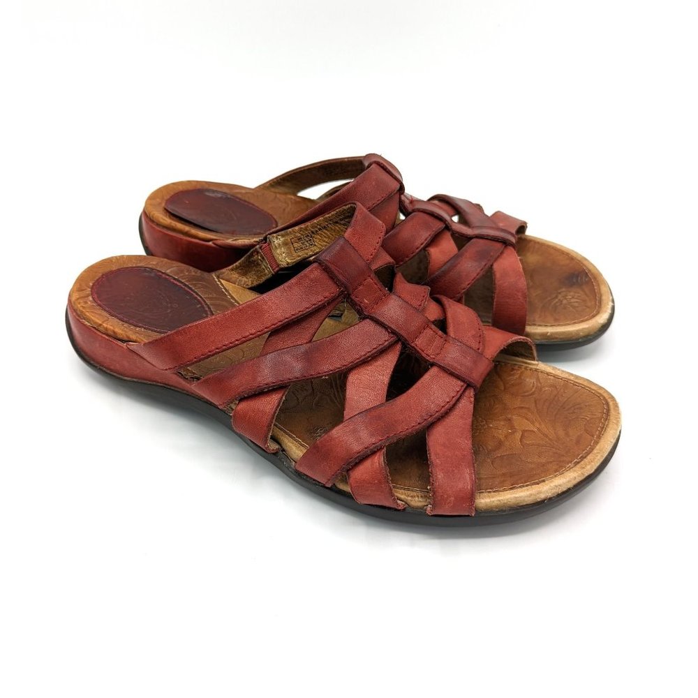 ARIAT Haven Strappy Slide Sandals in Distressed Cranberry Leather Women's 8.5